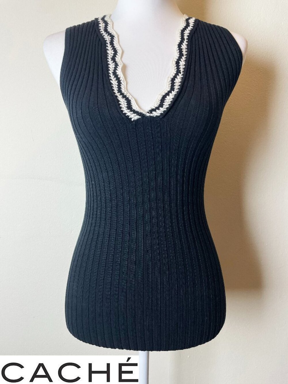 Cache Black Sleeveless Knit Top w/White Embroidered Trim on Neckline Size Small